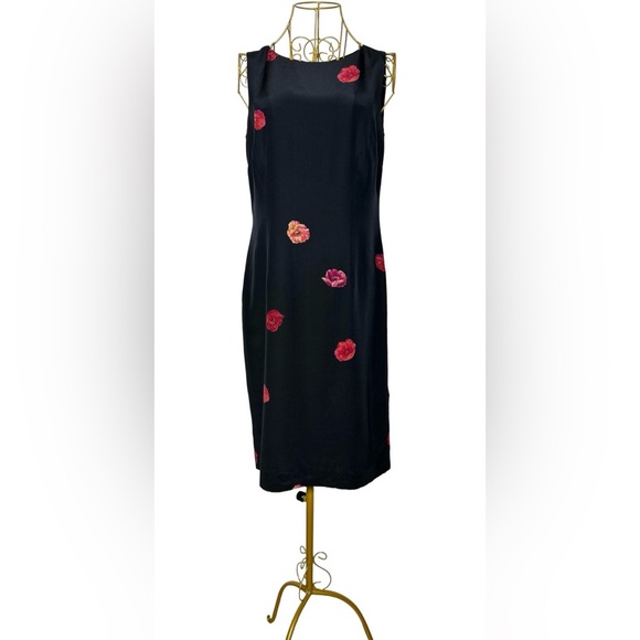 Talbots Silk Black Sheath Midi Dress w/ Rose Floral Print & Back Zipper, Size 6 - Picture 3 of 16
